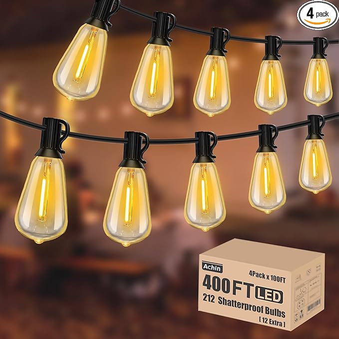 Achin String Lights for Outside 400FT(100ft*4) 2200K Warm Edison String Lights with 200+12 LED Vintage ST38 Bulbs Shatterproof Patio Lights Outdoor Waterproof for Yard Market Bistro Gazebo