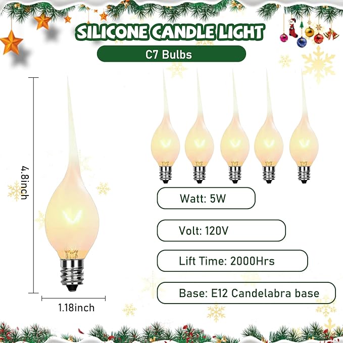 Dipped Candle Light Bulbs, Christmas Silicone Decorative Replacement Bulbs 5 Watts for E12 Candelabra Base Night Lights, Electric Window Candles, Chandelier - 12 Pack
