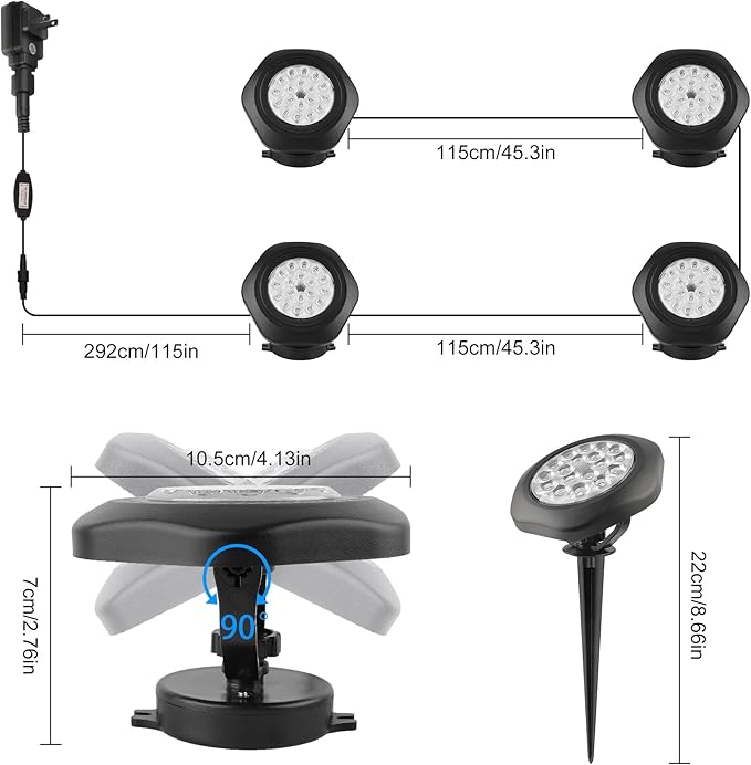 RGBW Pond Lights,18 LED Underwater Submersible Fountain Light, Remote Control IP68 Waterproof Color Changing Spotlights Lighting for Fish Aquarium Tank Garden Yard Pool(Set of 4)