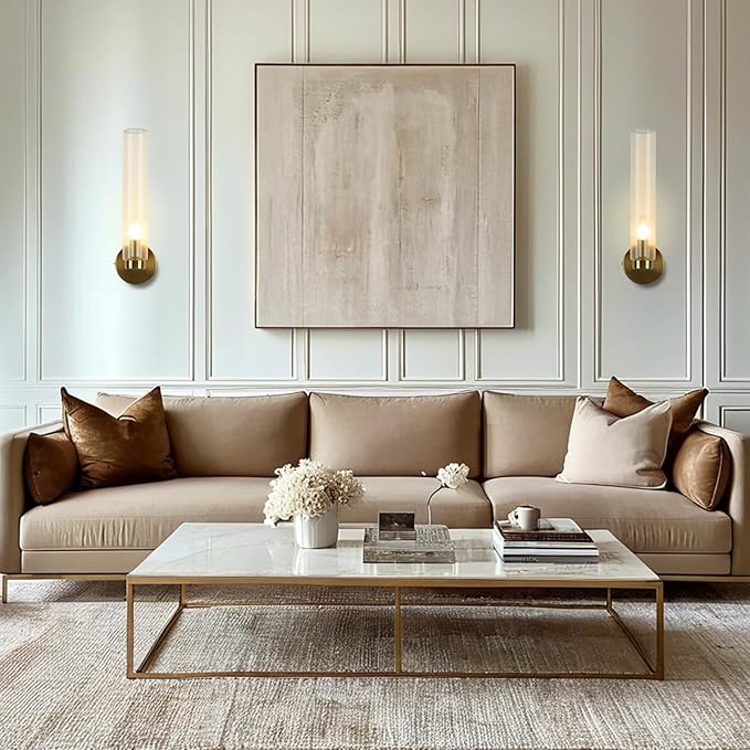 Fluted Textural Glass Wall Sconce, Modern Indoor Vanity Light, Glass Tube Wall Light Fixture with Metallic Finish, Wall Light fixtures for Bathroom, Mirror, Living Room, Bedroom (Brass)