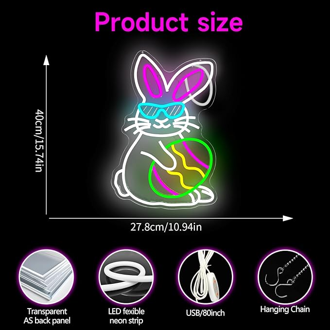 Easter Bunny Neon Sign Dimmable Easter Ear Waving Neon Light for Wall Decor Led Animated Bunny Ear Decoration for Window Light Up Sign for Bedroom