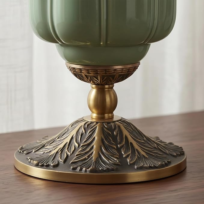 Milk Glass Table Lamp - Modern Farmhouse Design with Antique Brass Finish Base, Green Desk Light for Living Room & Bedroom Decor (Green 15")