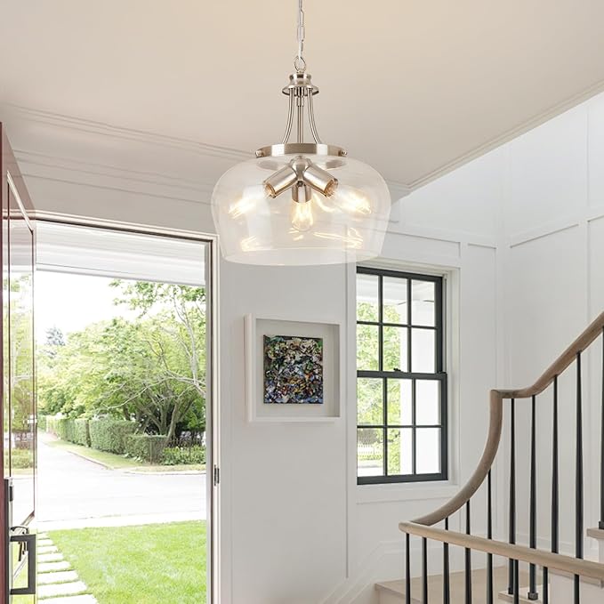 14.2" Modern Pendant Lights Kitchen Island, 3-Light Brushed Nicke Pendant Light Fixtures with Clear Glass Shade, Industrial Hanging Pendant Lights Fixture for Kitchen Island, Dining Room, Entryway