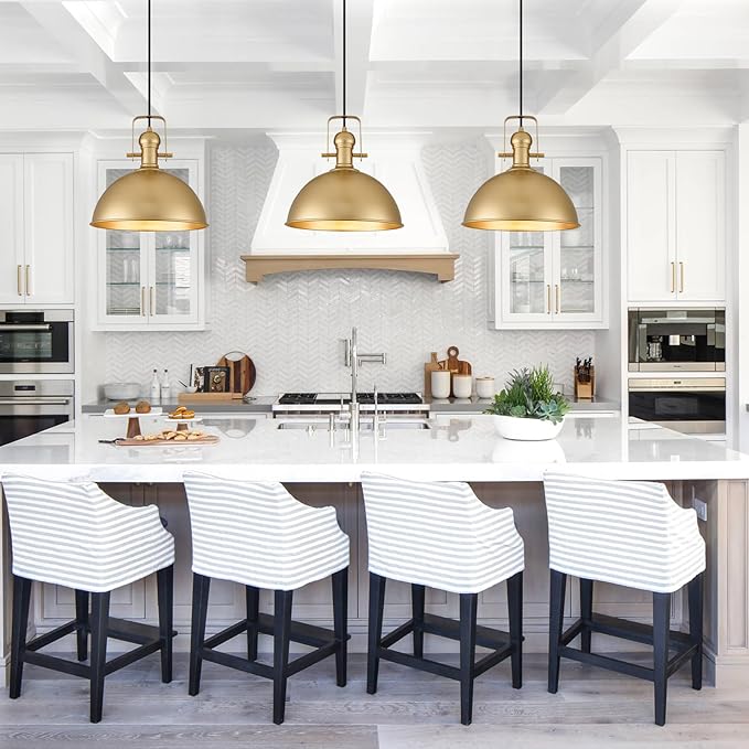 12 Inch Gold Farmhouse Pendant Lights Matte Pendant Lights for Kitchen Island Industrial Adjustable Height Vintage Dome Hanging Light Fixtures for Barn, Dining Room 3 Packs