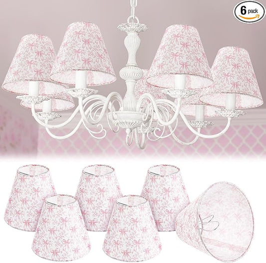 VIHOSE 6 Pcs Chandelier Lamp Shades Small Lamp Shade 3" Top x 6" Bottom x 5" Slant Vintage Coquette Pink Bow Toile Chinoiserie Clip on Lampshade for Wall Sconces Pendant Lighting