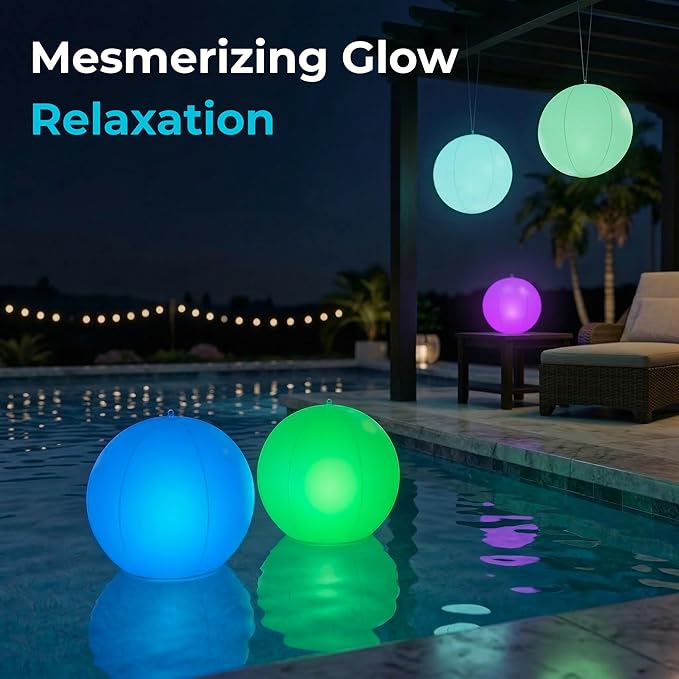 Solar Floating Pool Lights - Pack of 2 Solar Powered Color Changing 14-inch Balls - Float or Hang in Pool Garden Backyard Pond Party Decorations - Inflatable Wateproof