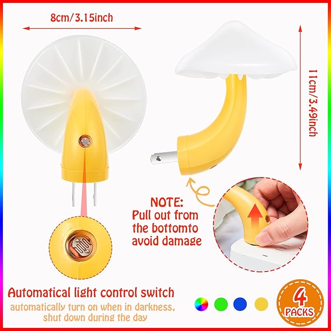 Honoson 4 Pieces Mushroom Night Light LED Night Light Plug in Lamp 7 Color Magic Mini Pretty Mushroom Shaped Lamp Adults(Colorful Light with White Cover)
