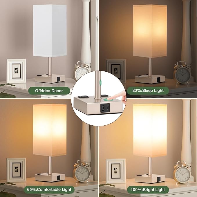 aooshine Light Gold Touch Lamps Set of 2 - Nightstand Lamp with USB-C + A Charge Ports & AC Outlets, 3-Way Dimmable Bedside Lamp, Small Table Lamp Light for Bedroom (Bulb Included)