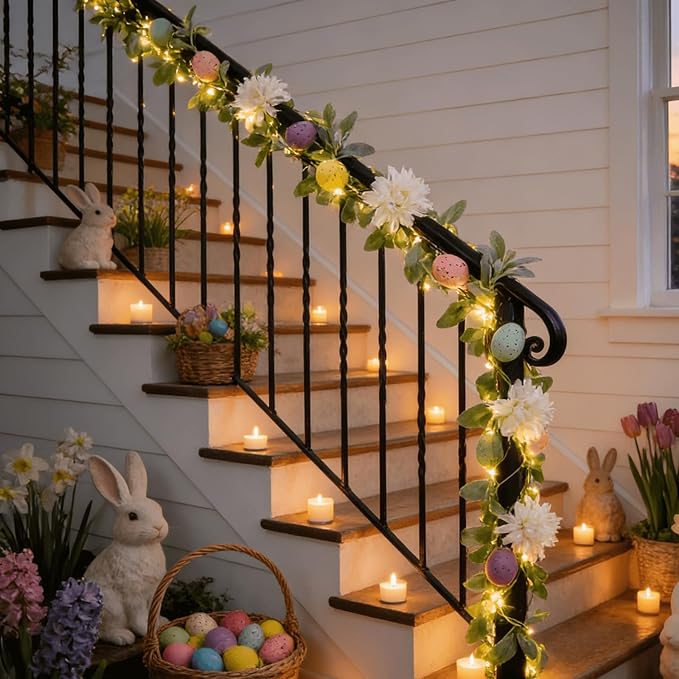 6ft Pre-Lit Easter Garland with 40 LED Lights, Artificial Waterproof Lambs Ear Spring Floral Greenery with Pastel Eggs & Daisy Flowers for Fireplace Mantels, Tables, Walls,Indoor & Outdoor Decor