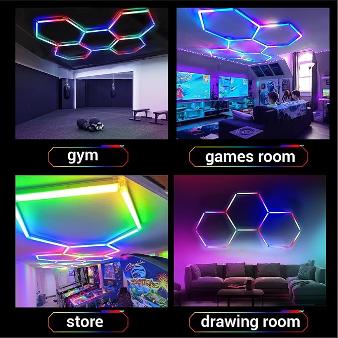 RGB Hexagon LED Lights, 356 Colors Mode w/Music Sync LED Garage Lights, Smart App & Remote Control, DIY Honeycomb Ceiling Light for Studio Gym Basement Decor (RGB 1 Hexagon)