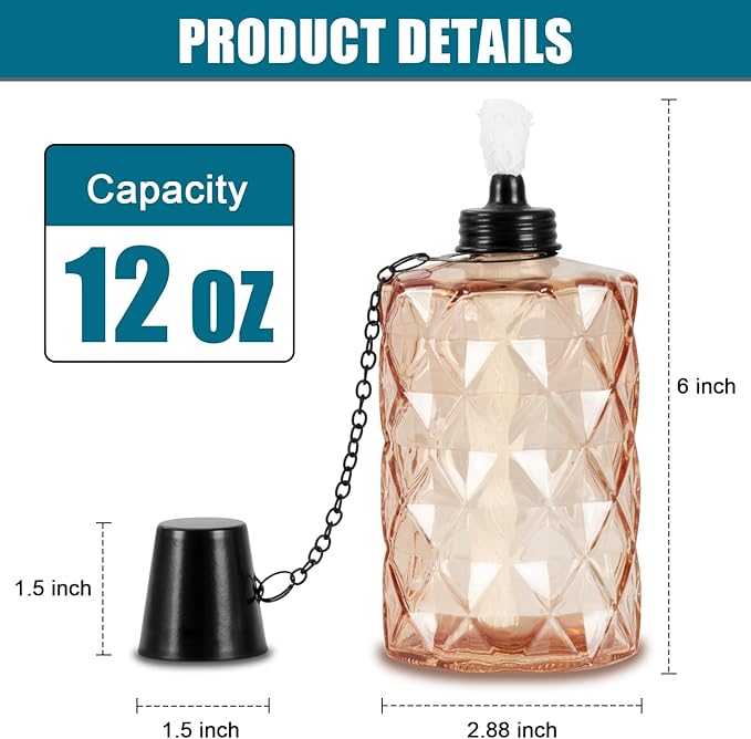 Glass Table Top Torch, Outdoor Torch Canisters 12 oz,Refill Canister with Wicks and Covers, Patio Metal Torch for Luau Party, DIY Garden Decor (4 Packs) (Orange)