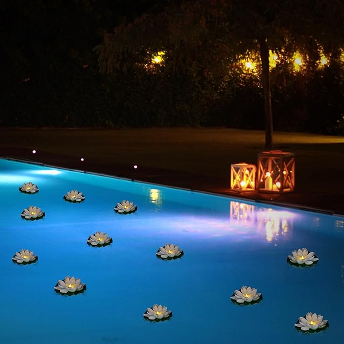 LACGO 12 PCS Waterproof Floating Lotus Light - Floating Flower Light Battery Operated Water Activated Warm White Pool Flower Lamp Wedding,Anniversary,Garden Decoration