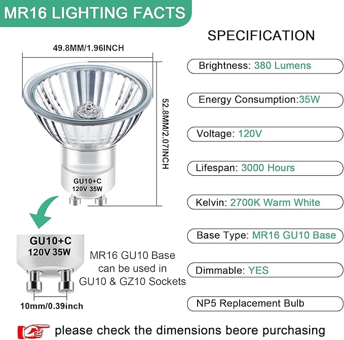 GU10 Halogen 35W Bulbs, Dimmable MR16 GU10+C 120V 35W for Track, Recessed, Candle Warmer, Range Hood Light Bulbs, 2700K Warm White, Pack of 4