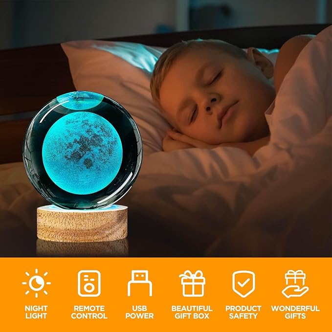 3D Moon Crystal Ball Night Light 3.15 inch Moon Galaxy Glass Ball Lamp with 16 Color Changing and Remote Moon Planet Home Decor Gifts Ideal for Friends Kids Christmas Birthday