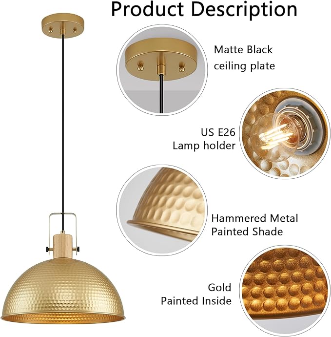 16 Inch Gold Pendant Lights Hammered Matte Pendant Lights for Kitchen Island Industrial Farmhouse Adjustable Height Dome Hanging Light Fixtures for Barn, Dining Room 2 Packs