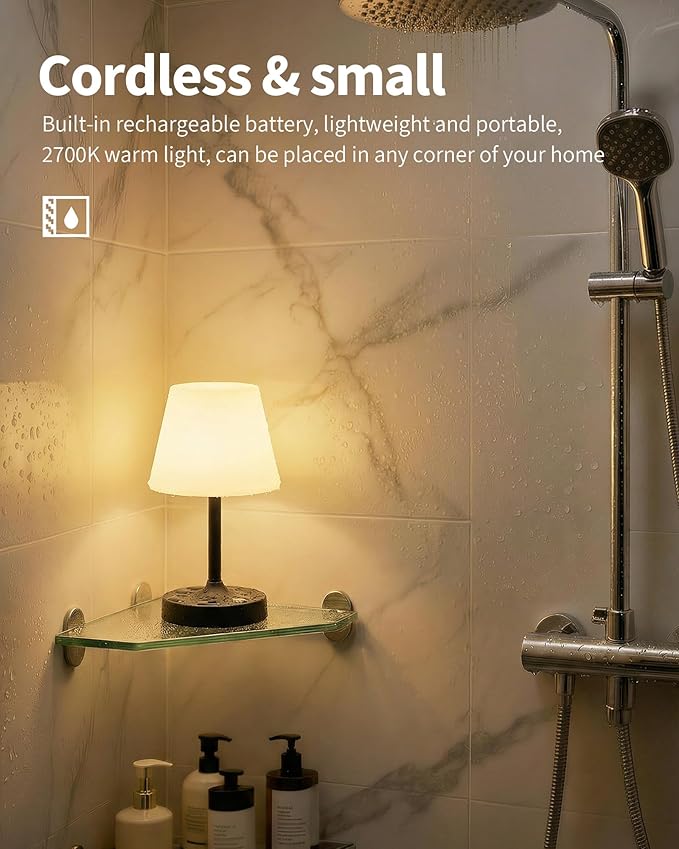 PUSU Cordless LED Black Small Table Lamp, Waterproof Shower Light with 4000mAh Battery, Portable Rechargeable Touch Dimming Night Light for Bathroom, Outdoor Camping, Kitchen, Patio, Restaurant