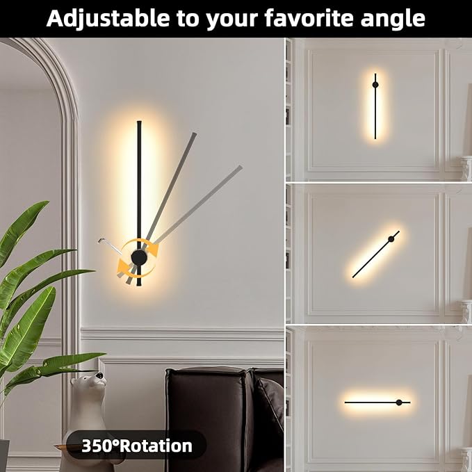 LED Wireless Wall Sconce with Remote Control, Dimmable/350° Rotate/Timing/USB Rechargeable Battery Powered Indoor Wall Lamps, 23.6 inch Black Wall Lights Set of Two for Hallway, Living Room, Bedroom