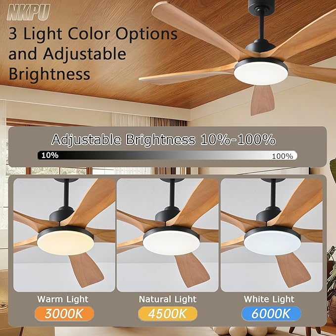 Ceiling Fans with Lights and Remote Control, 5 Solid Wood Blades, 3CCT Dimmable, 56 Inch Modern Outdoor Ceiling Fans for Bedroom Farmhouse Patios, Quiet DC Motor