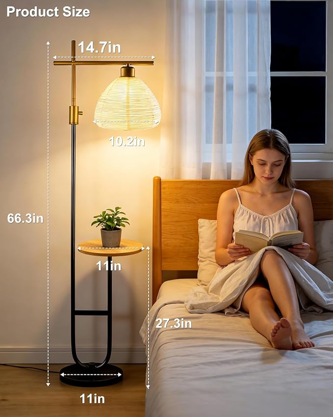 66IN Gold&Black Dimmable Floor Lamps with Storage Table, Modern Standing Tall Lamp with Milky White Lampshade, Cross-Shaped Lamp Head and U-Pole Base Style for Living Room/Bedroom