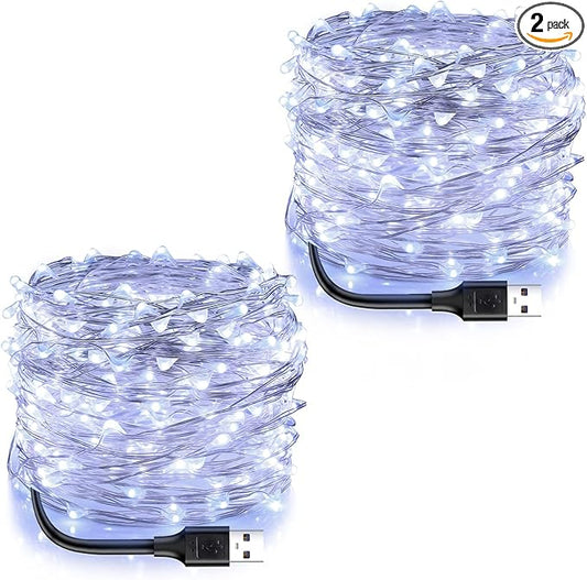Blingstar USB Powered Fairy Lights, 2 Pack 33Ft 100 LED, Flexible Silver Wire, Mini String Lights for Christmas Tree/Bedroom/Camping/Dorm Indoor Decoration, Cool White