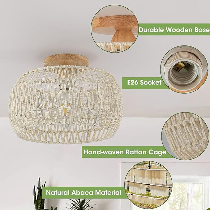 Boho Light Fixtures Ceiling ,Cream White Rattan Chandelier Ceiling Light,Small Rattan Flush Mount Ceiling Light Hand-Woven Chandelier for Nursery Light Fixture Kitchen Farmhouse Bedroom Chandeliers