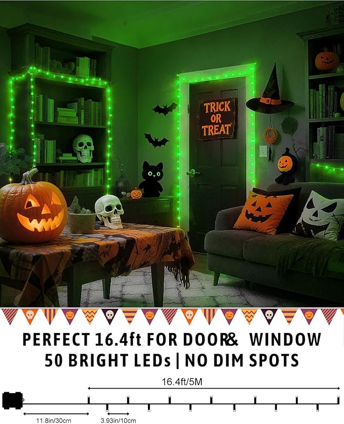 Halloween Lights Battery Operated, Green Fairy Lights with Timer Waterproof 16.4ft 50 LED Halloween Decorations for Outdoor Indoor Patio Home Party Garden Yard Decor