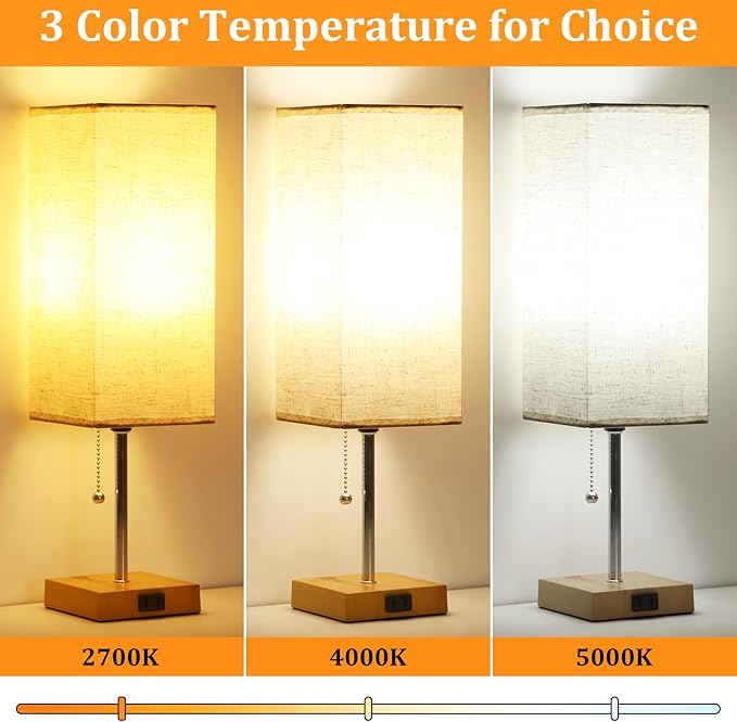 Table Lamp for Bedroom set of 2,3-Color Bedside Lamps with Pull Chain Table Lamps for Nightstand with AC Outlets,18'' Night Light Lamps with 2 Bulbs Lamps for Living Room Kids Room Office Decor（Wood）