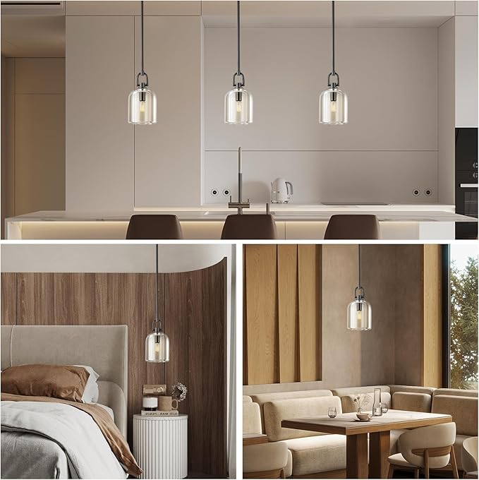 Black Pendant Light Fixtures, Modern Pendant Lights, Indoor Pendant Light for Kitchen Island Dining Room Living Room Bedroom Bathroom, E12 Bulb Included