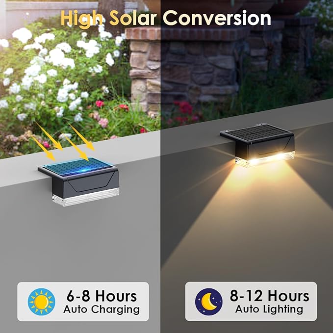2PK Solar Fence Lights Outdoor - 3000/4000/6000K 3 Mode, IP65 Waterproof Fence Lights Solar Powered, Dusk to Dawn Solar Light for Outside, Backyard/Step/Patio/Deck/Stair Railings and Wall