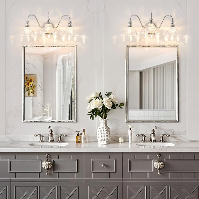 Vintage Bathroom Light Fixtures Over Mirror, 3-Light Brushed Nickel Wall Sconce Lighting with Flower Glass Shade, Farmhouse Vanity Lights for Bedroom Kitchen Living Room Hallway Light