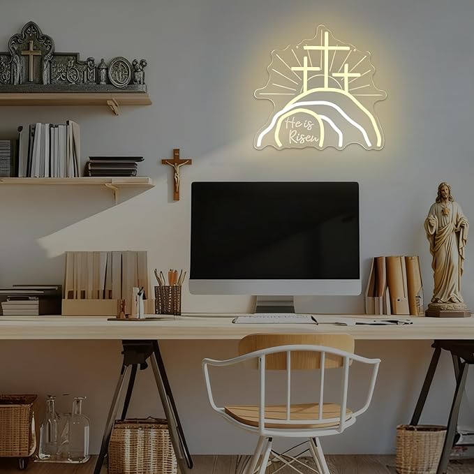 Empty Tomb Easter Neon Sign Dimmable He Is Risen Led Sign Christian Resurrection Cross Neon Lights Calvary Light Up Jesus Nativity Scene Religious Wall Decor