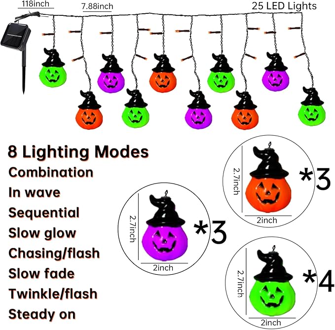 6FT 25LED Halloween Hooded Pumpkin String Lights, Icicle Light Strand with 10 Witch Hat Pumpkin Lights, 8 Lighting Modes, Battery Operated, Indoor Outdoor Holiday Decoration