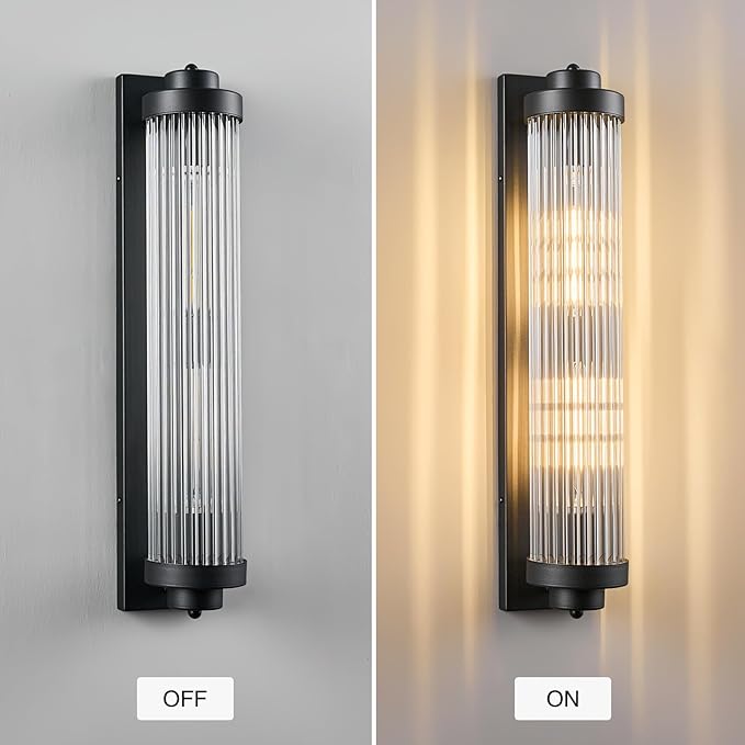 Black Wall Sconces Set of Two with Crystal Glass Strip Bathroom Sconces 2 Light E12 Base Modern Wall Lights for Bedroom Living Room Hallway Wall Light Fixtures