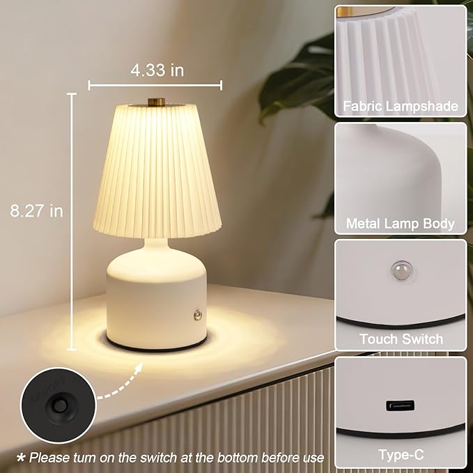 Small Cordless Table Lamp Rechargeable Desk Lamp, 3 Color Stepless Dimming, Metal Base Pleated Table Lamp for Bedside, Bedroom, Dining Room, Living Room (White)