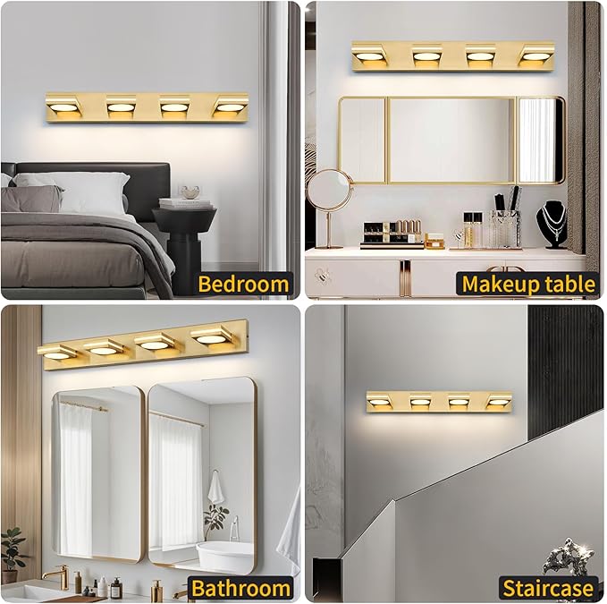 OKELI 4-Light LED Bathroom Vanity Light Fixtures, Gold Modern Bathroom Wall Lighting Fixtures Over Mirror (3CCT, 3000K-6000K)