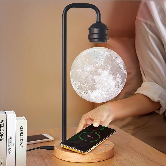 Magnetic Levitation Planetary Light with Wireless Phone Charger, Floating Moon Lamp, 360° Rotating Night Light for Girlfriend, Mom, Birthday, Anniversary(Black,B)