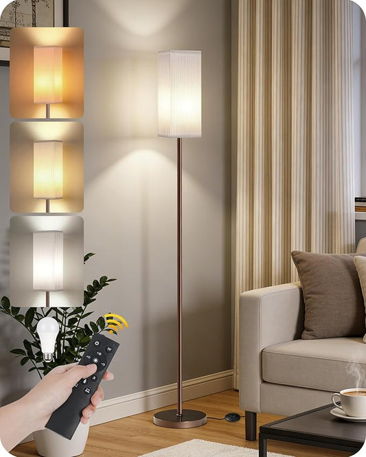 64.2'' Dimmable Floor Lamp for Living Room with Remote and Foot Switch, Corner Floor Lamp for Bedroom, Includes 10W A19 Bulb, Modern Standing Tall Lamp, ETL Listed, Brown and White VCW17LD05