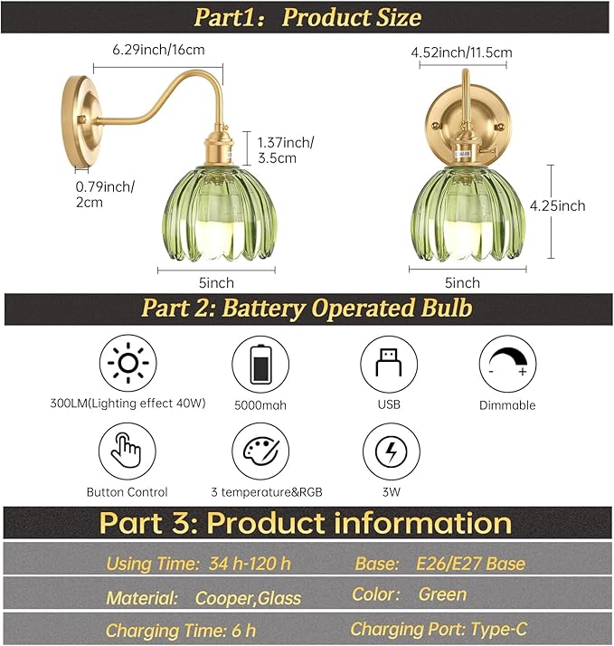Vintage Battery Operated Wall Sconce, 5000mAh Rechargeable Wall Light, Indoor Battery Powered Wall Lamp for Bedside Bedroom Living Room, Tulip Green