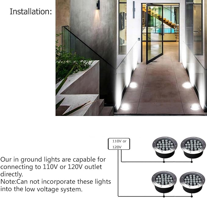 Outdoor Landscape Lighting 24W,Diameter 8.66 inches Big Walkway Lights,White 6500K,Waterproof Ground Lights for Outside,Recessed Landscaping Lights 120 Volt for Garden,Yard,Deck,Pack of 4
