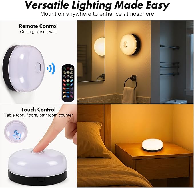2-Pack Rechargeable Shower Lights for Inside Shower, 15 RGBW Color Changeable Waterproof Lights for Shower with Remote(Dimmable＆Timer), Wireless LED Mood Lighting for Bathroom, Closet, Bedroom, Party