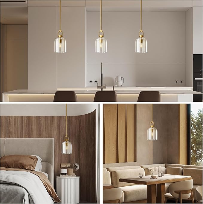Brass Pendant Light Fixtures, Gold Pendant Light, Indoor Pendant Light for Kitchen Island Dining Room Living Room Bedroom Bathroom, E12 Bulb Included, 2PCS