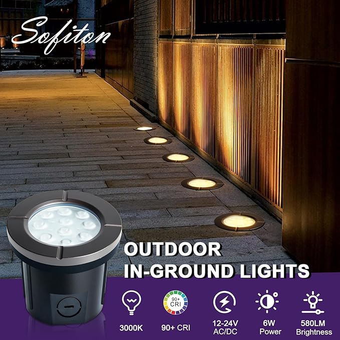 LED Well Lights, 6W 580LM, Warm White (3000K), 12-24V Outdoor In-ground Lights with Wire Connectors, IP65 Waterproof Low Voltage Lighting for Pathway Driveway Deck, ETL Certified, 8-Pack