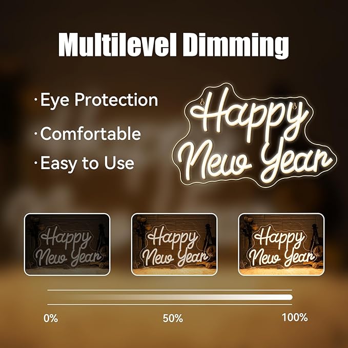 Ineonlife Happy New Year Neon Sign Dimmable Neon Signs For Wall Decor Led Lights For Bar Man Cave Club New Year Party Bedroom Hoom Showcase Shop Decor Gifts USB Powered 16.54x10.83in