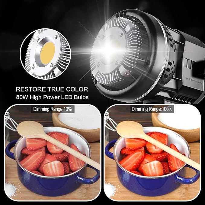 GVM 80W CRI97+ 5600K Dimmable LED Video Lights with Bowens Mount Kit Continuous Output Lighting Spotlight for YouTube Vlog Wedding Photography Shooting Light with Reflector