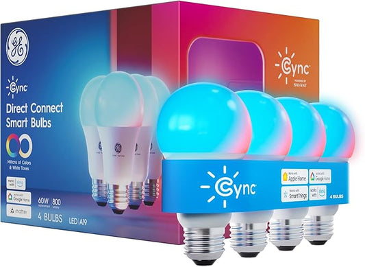 Cync GE A19 Smart LED Light Bulbs, Color Changing Room Décor, Works with Alexa and Google Home, Matter Compatible, LED Lights for Bedroom, Millions of Colors and White Tones (4 Pack)