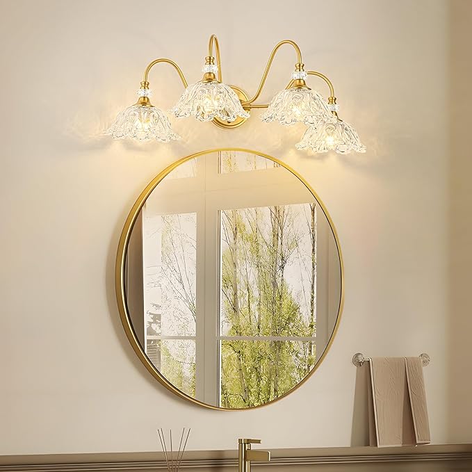 Gold Bathroom Vanity Light, 4-Light Brushed Gold Finish Vanity Light with Floral Clear Glass Shades, Vintage Wall Mount Lighting for Bathroom, Dressing Table