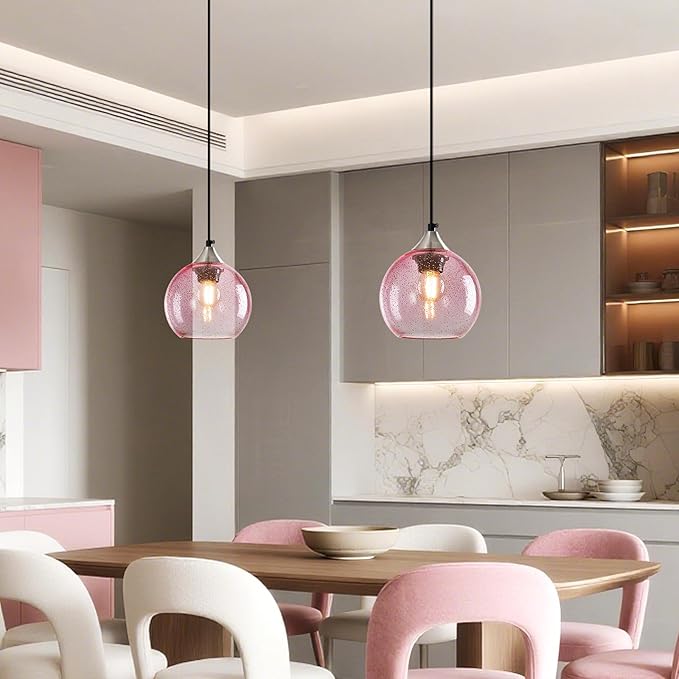 Pink Glass Pendant Lights Kitchen Island Globe Pendant Light Fixtures Modern Pendant Lighting for Bedroom Living Dining Room Light Fixture (5.9 in, 1 Pack)