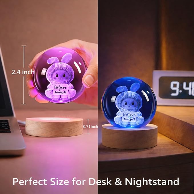 3D Easter Bunny Crystal Ball Night Light-Cute Bunny Gift, 2.4Inch Laser Engraved Glass Sphere with USB LED Base, Crystal Night Lamp for Bedroom Desk