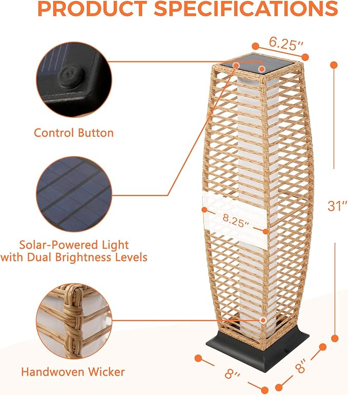 Grand patio Outdoor Floor Lamp Solar Lantern, Water-Resistant Natural Wicker Boho Patio Light with 50/100 Lumens Dual Brightness & Memory Mode for Garden Porch Deck Decor, Large Crossover Natural