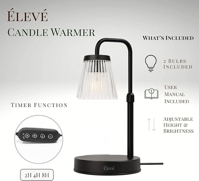 Elegant Electric Candle Warmer Lamp with Timer, Minimalistic Glass Shade, Adjustable Dimmer, Flameless Candle Warmers for Unique Home Decor, Cozy Gifts for Easter & Housewarming (Black)
